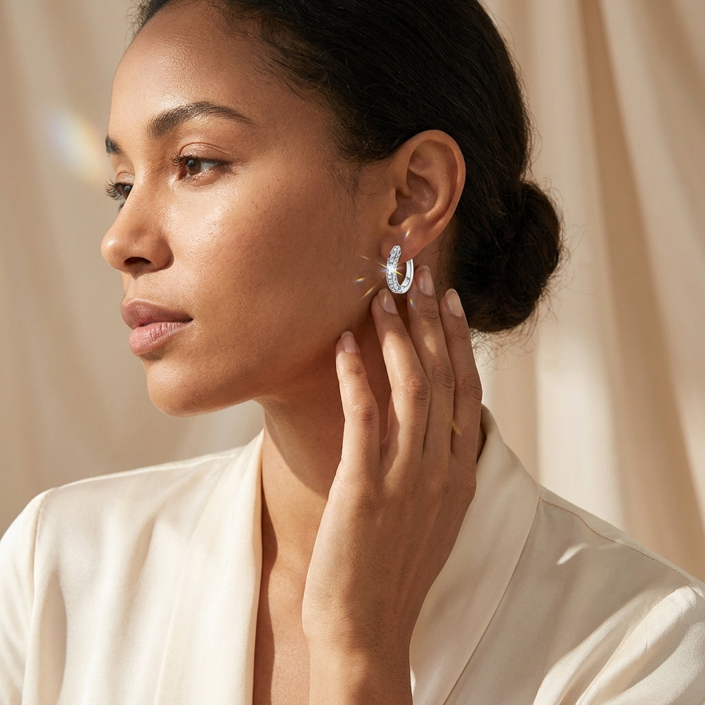 Woman wearing sparkling moissanite hoop earrings with an elegant cream outfit