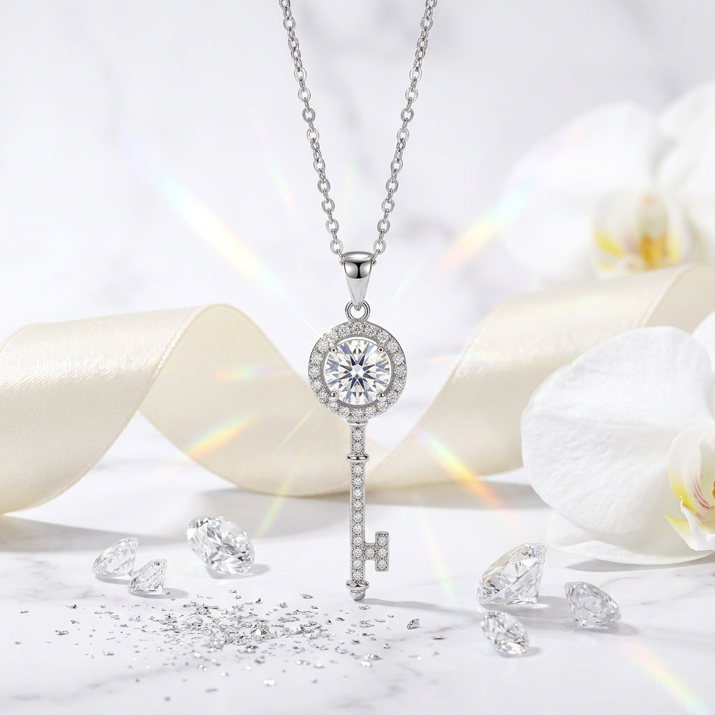 Montore 1 CT D Color Moissanite Key Pendant Necklace for Women