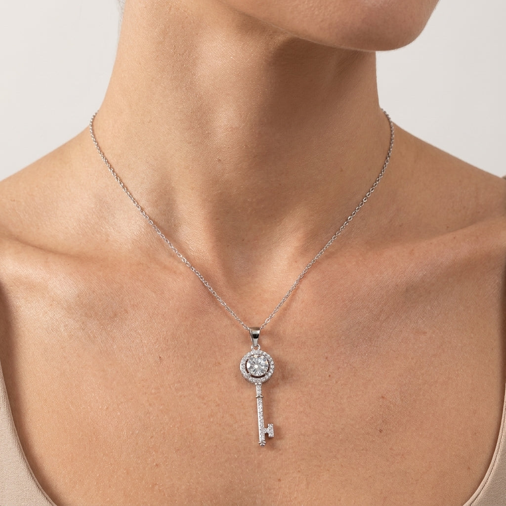 Montore 1 CT D Color Moissanite Key Pendant Necklace for Women