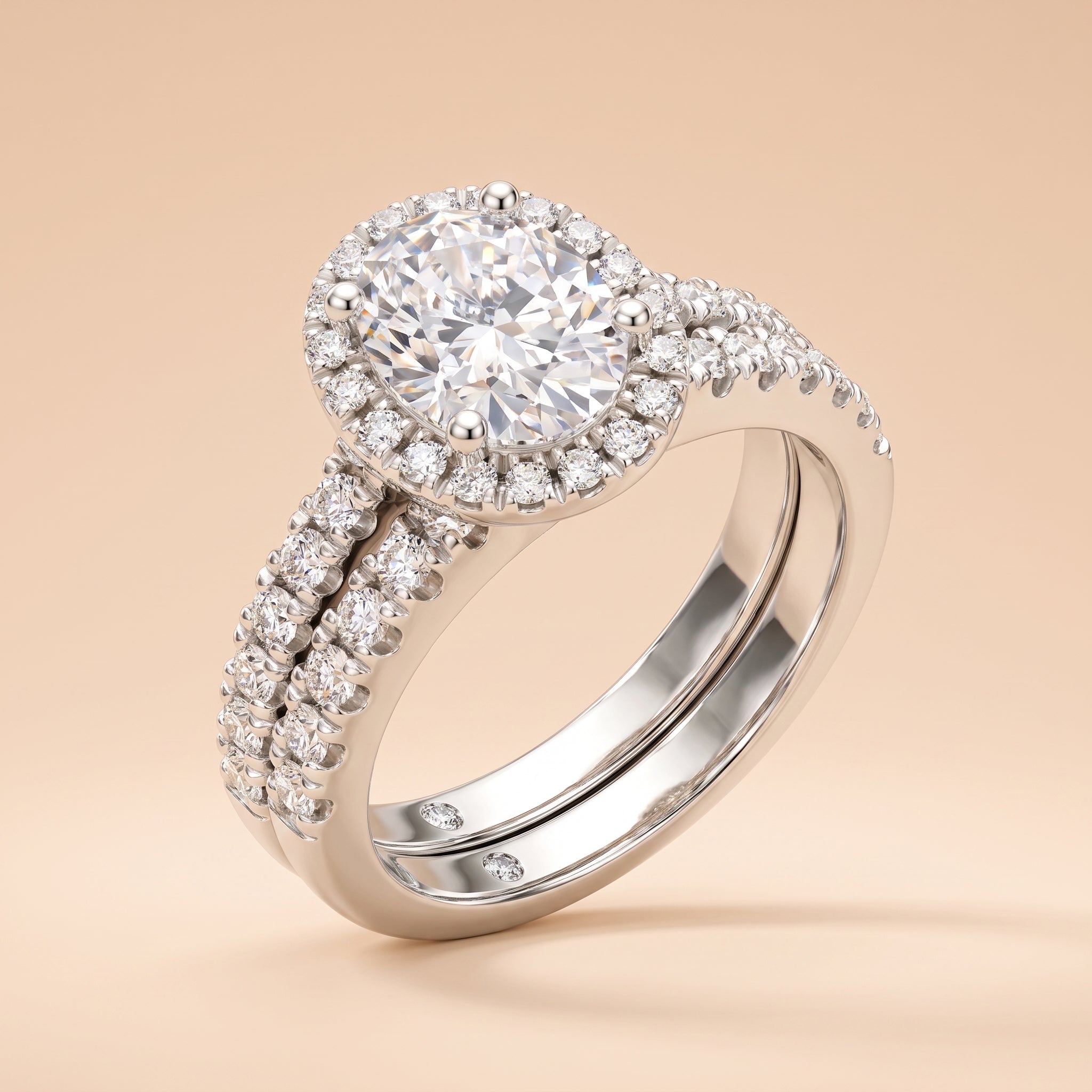 2 CT oval-cut halo moissanite bridal ring set in 925 sterling silver on a peach background