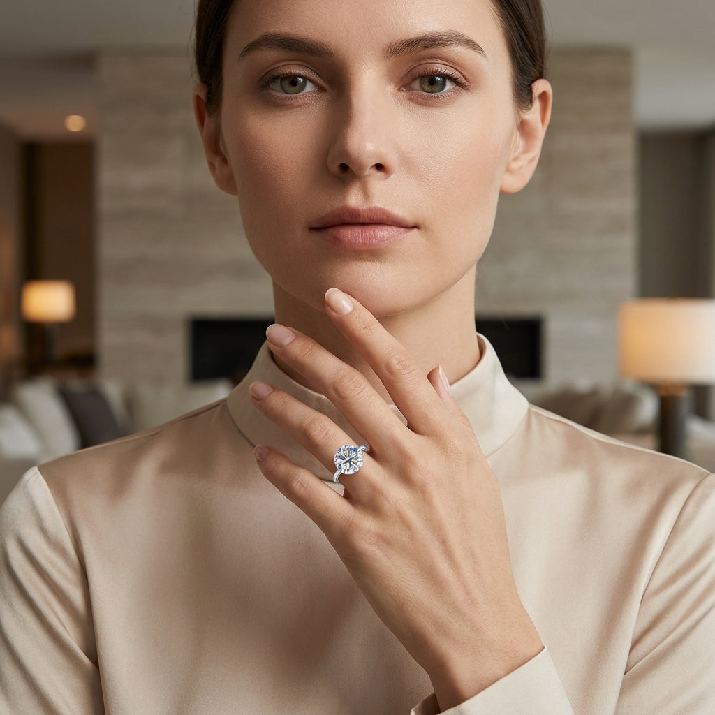 Woman wearing a round-cut moissanite solitaire engagement ring