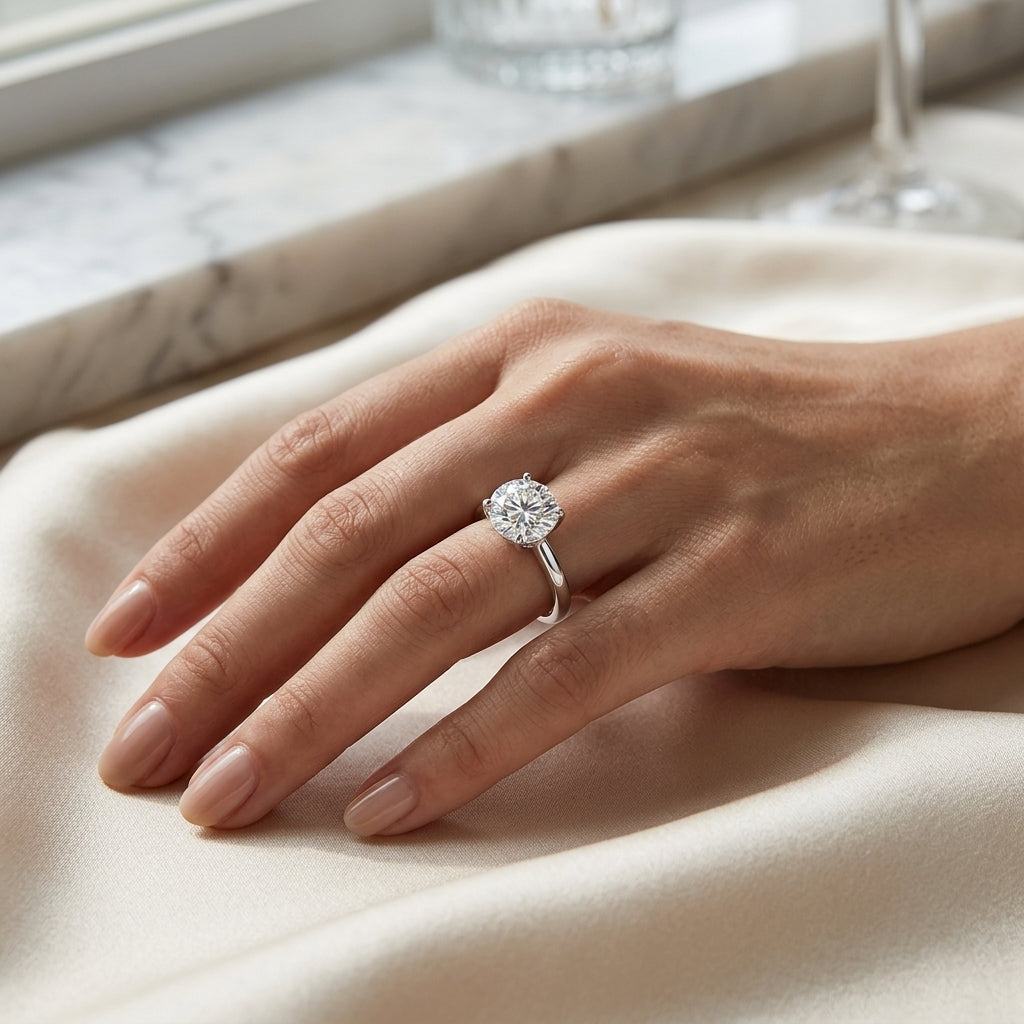 Close-up of a round moissanite engagement ring worn on cream satin