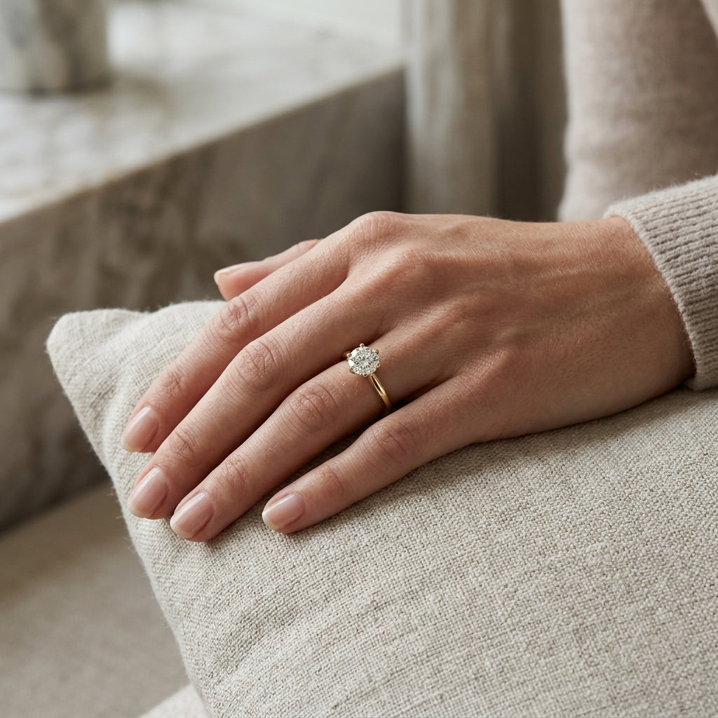 Woman wearing a round moissanite solitaire engagement ring on a beige cushion