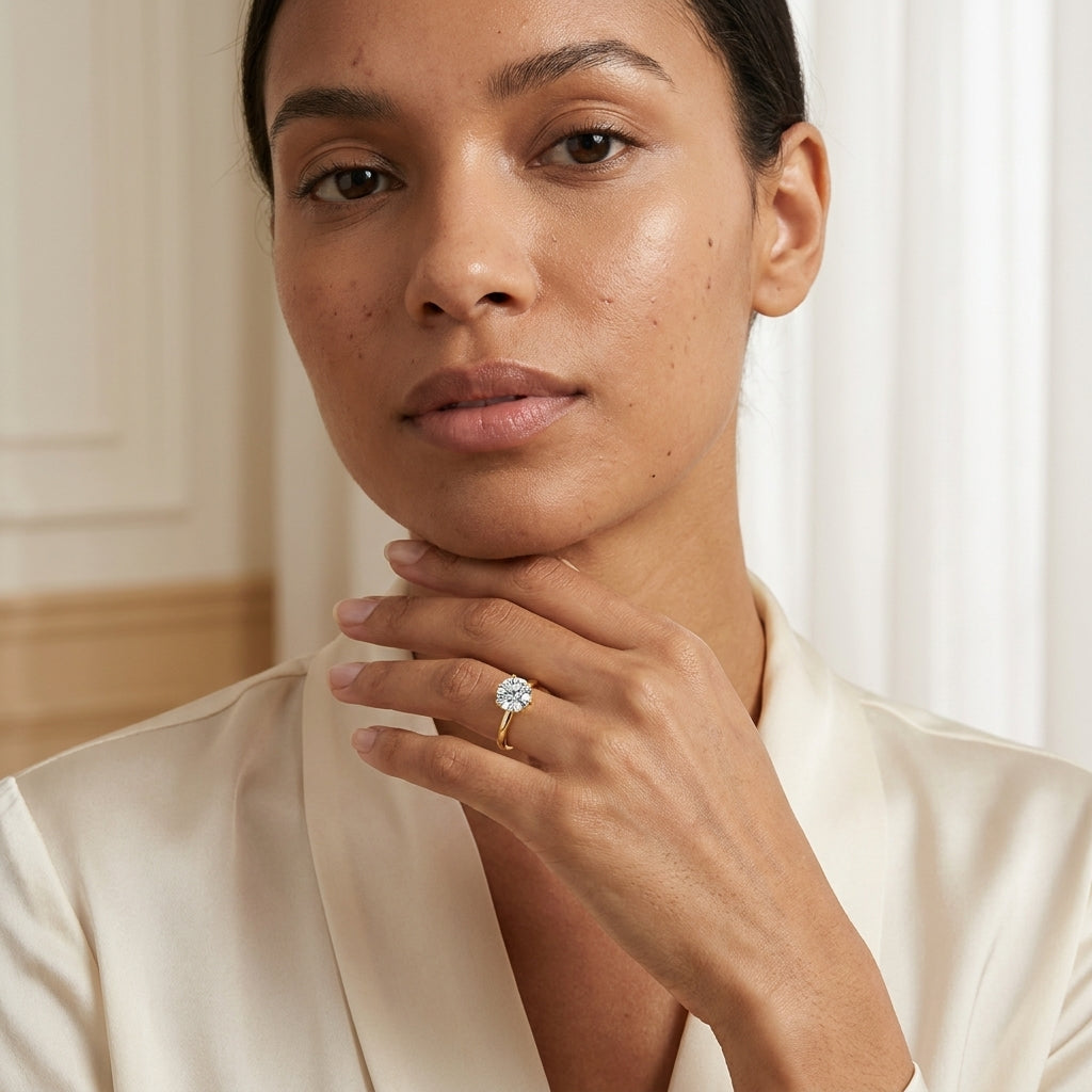 Woman posing with a round-cut moissanite engagement ring worn on her hand