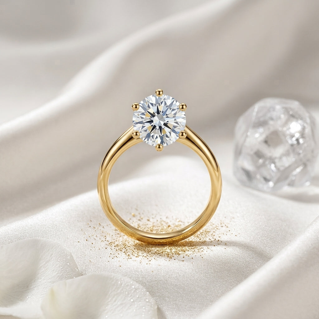 Round-cut moissanite solitaire engagement ring displayed upright on ivory satin