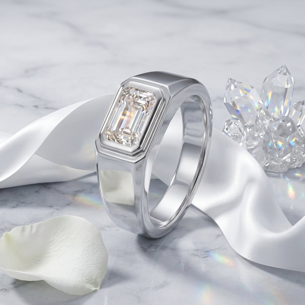A silver-toned ring with a rectangular baguette-cut clear gemstone, styled on a white marble surface with white satin ribbon, crystal clusters, and a white petal.
