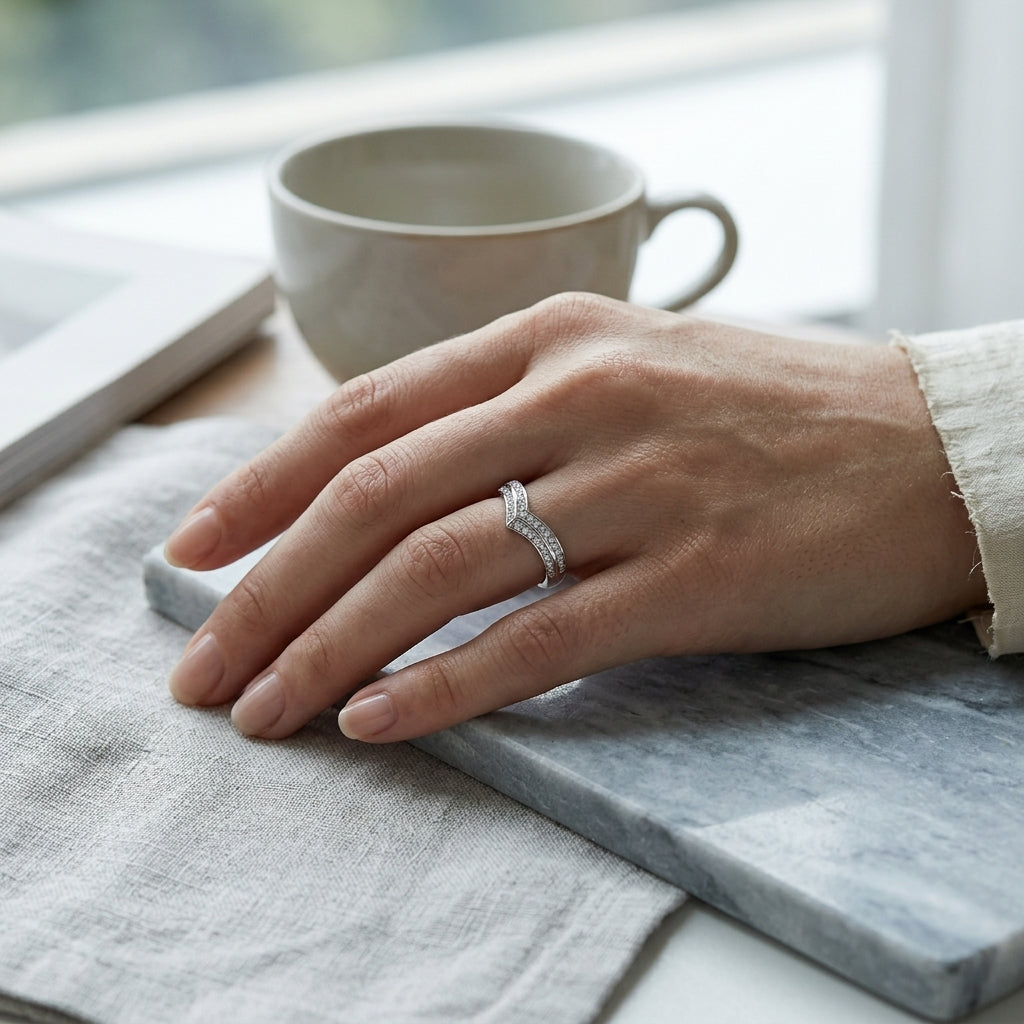 2 MM D Color Moissanite V Shape Wedding Band model 3
