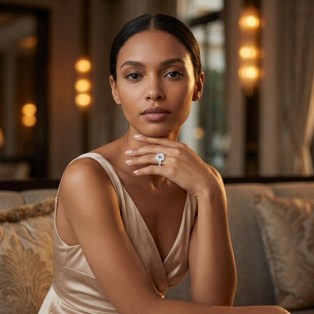 Model styling a cushion-cut bezel moissanite engagement ring with an elegant dress