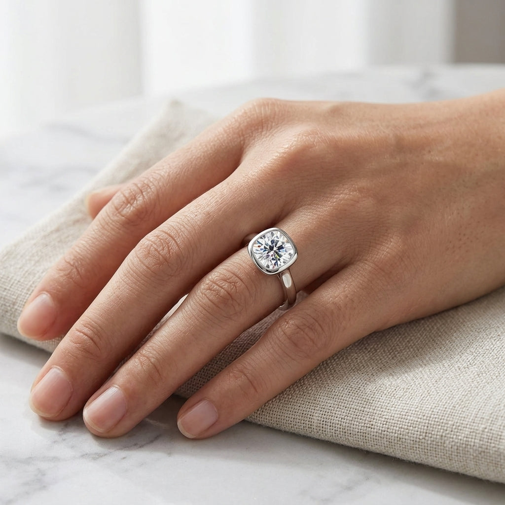 Close-up of a 3 CT cushion-cut moissanite ring worn on the hand