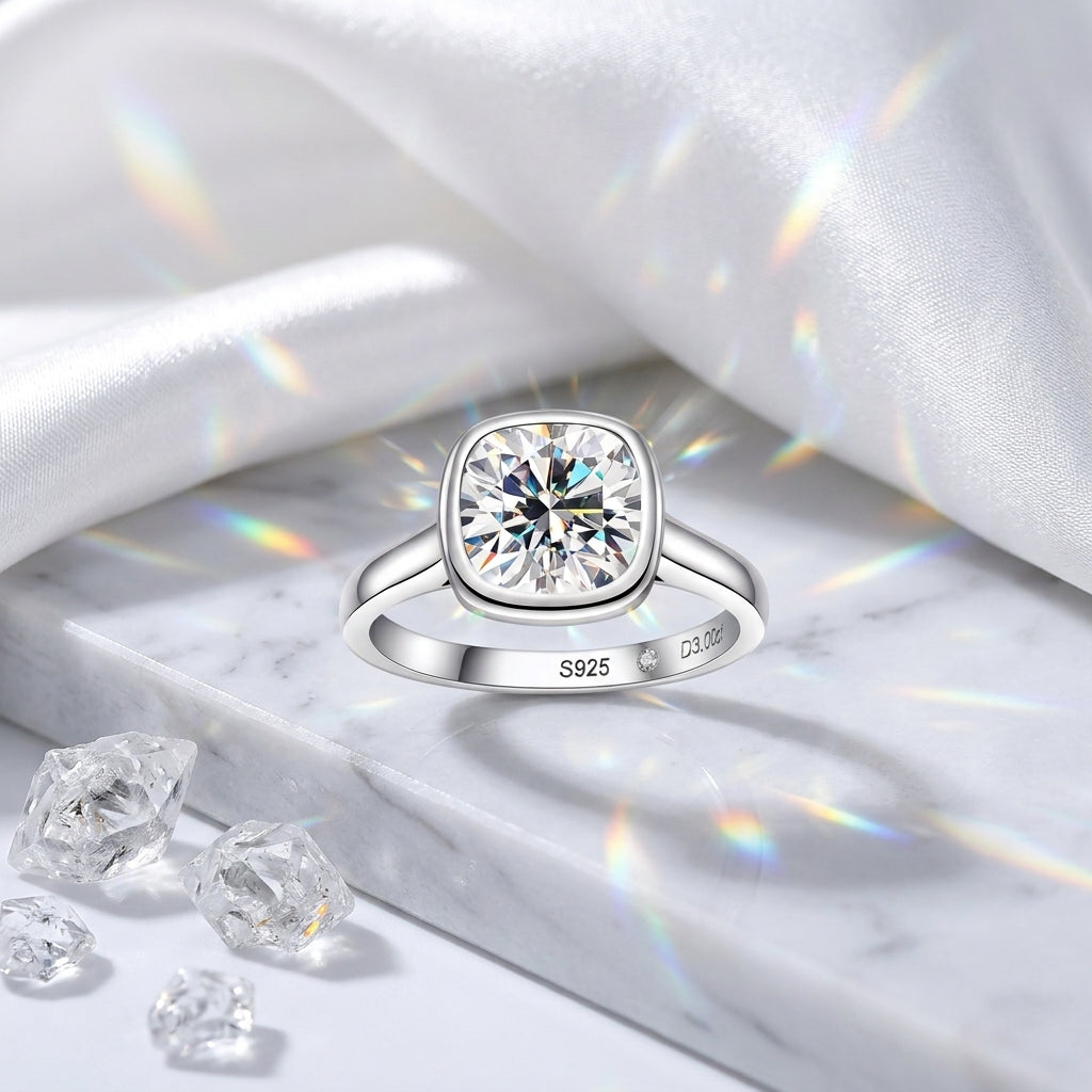 Cushion-cut moissanite bezel engagement ring displayed on white satin and marble