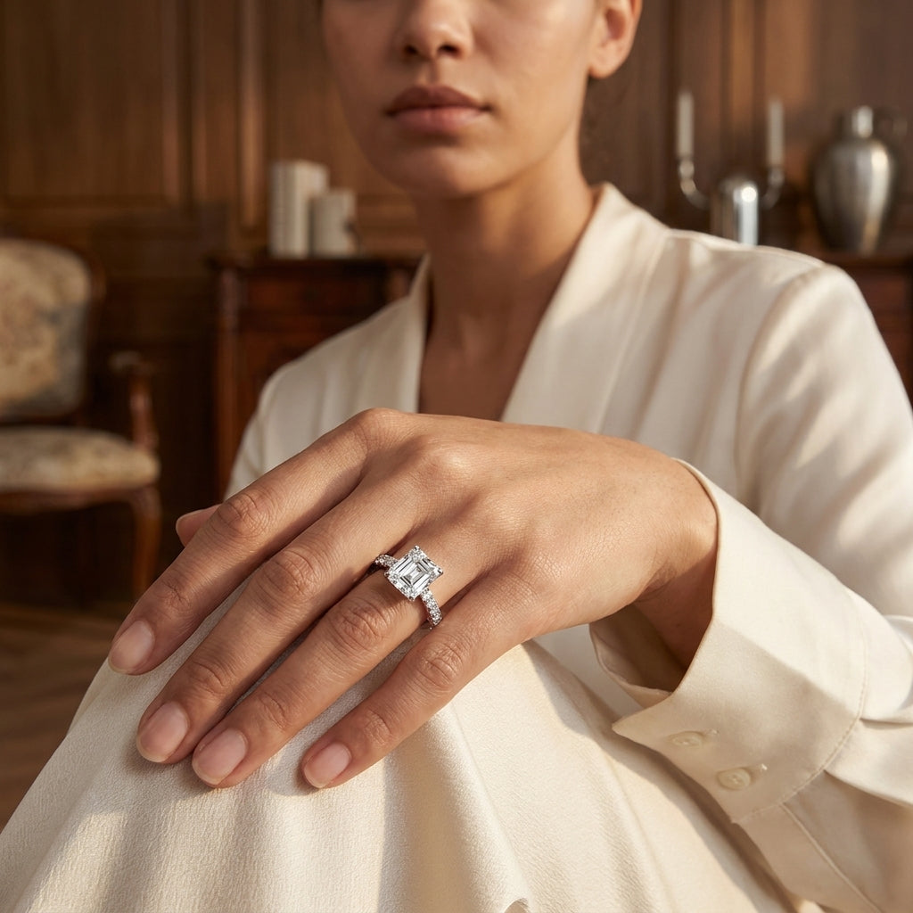 Woman wearing a 3 CT Asscher-cut moissanite engagement ring with a white outfit