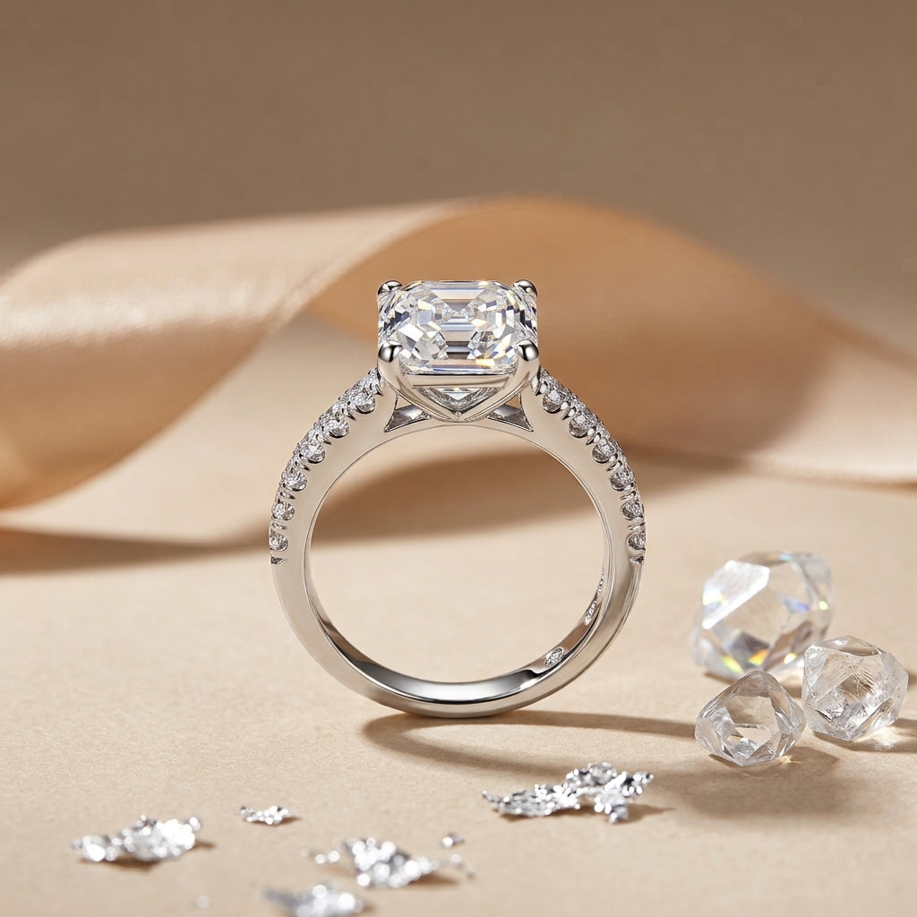 Side view of a 3 CT Asscher-cut moissanite ring displayed with crystal accents