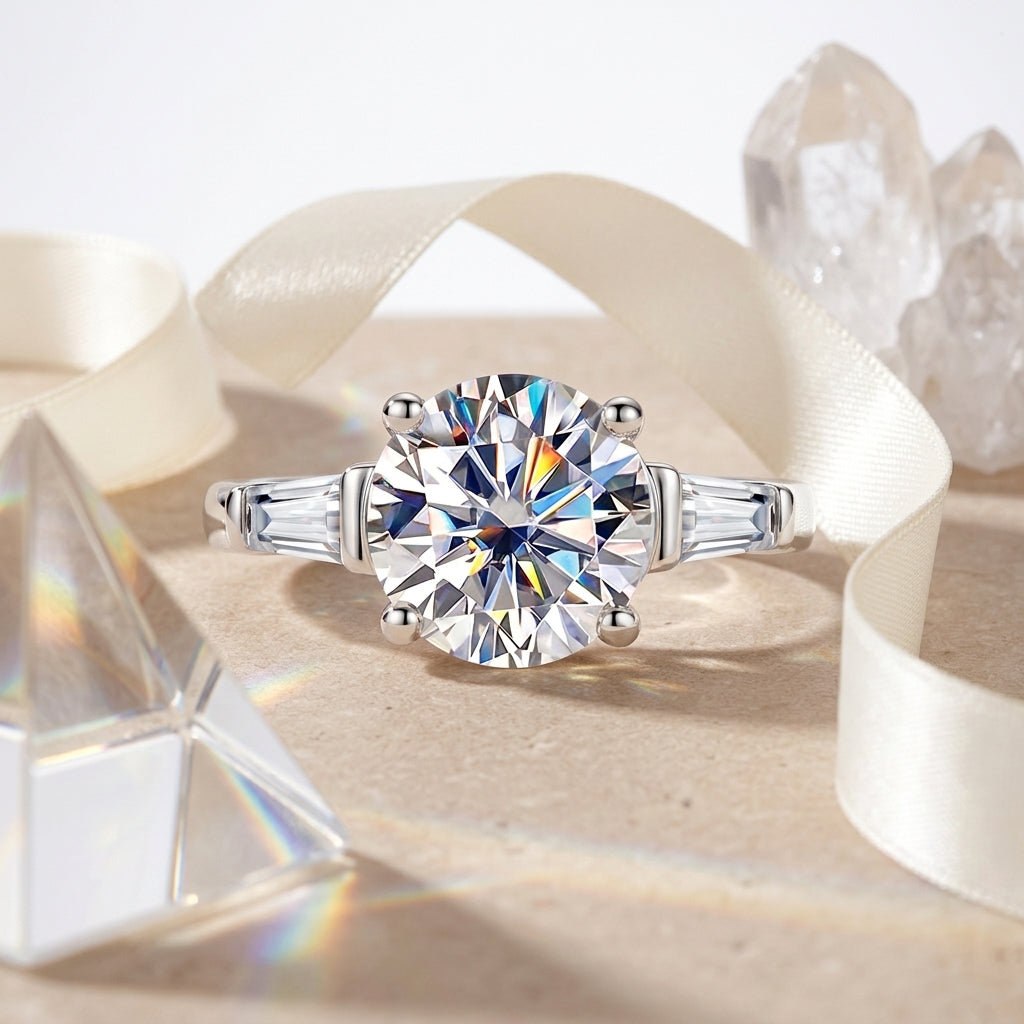 Round moissanite three-stone engagement ring displayed with cream ribbon and crystals
