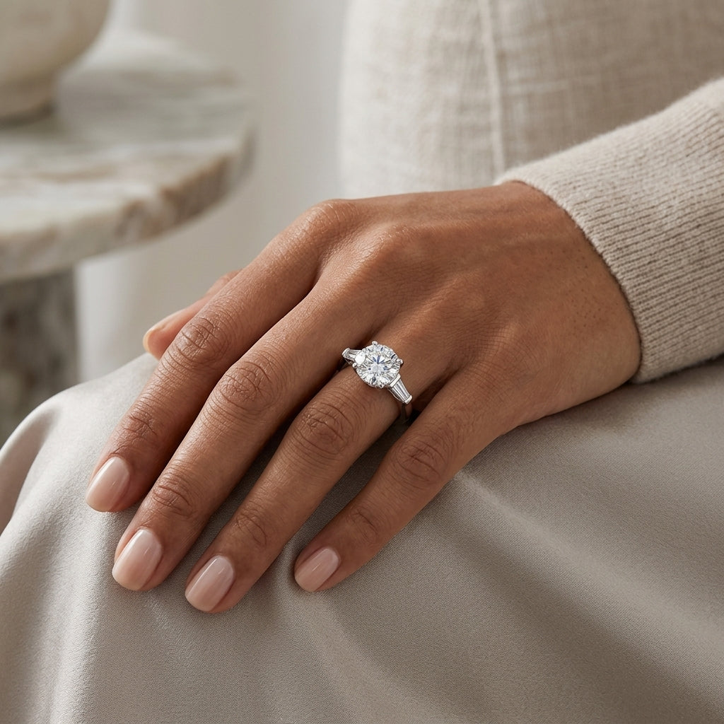 Woman wearing a 3 CT round-cut moissanite three-stone engagement ring
