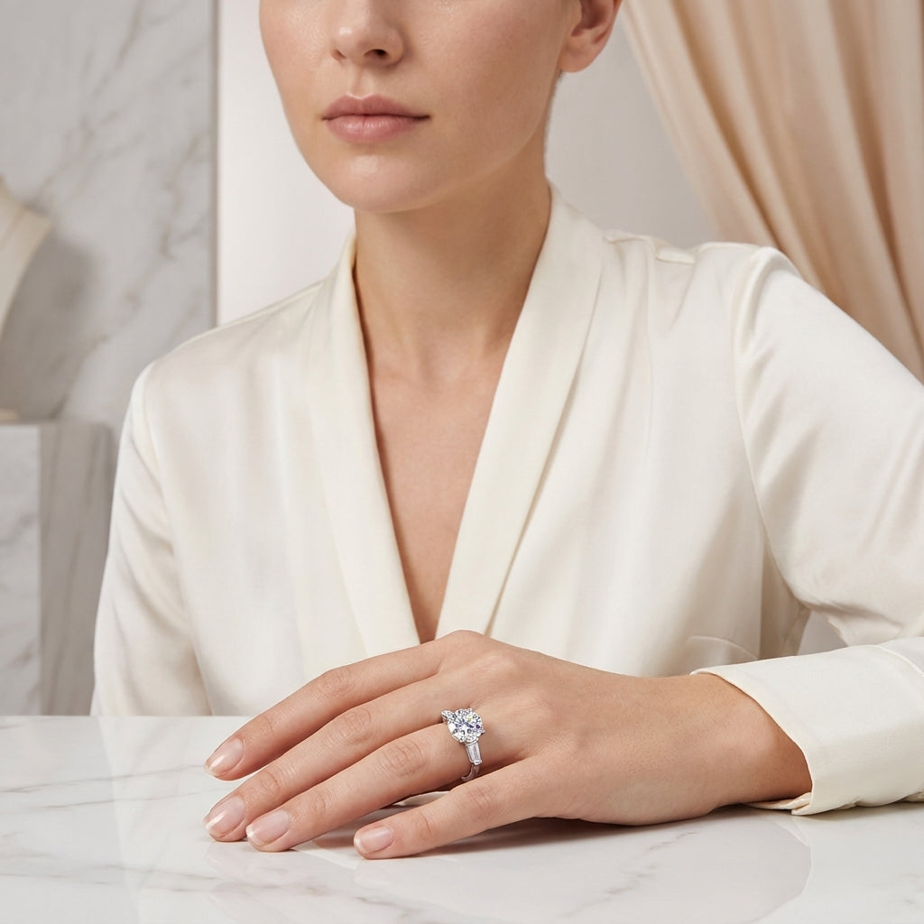 Model wearing a three-stone moissanite engagement ring with a white blouse