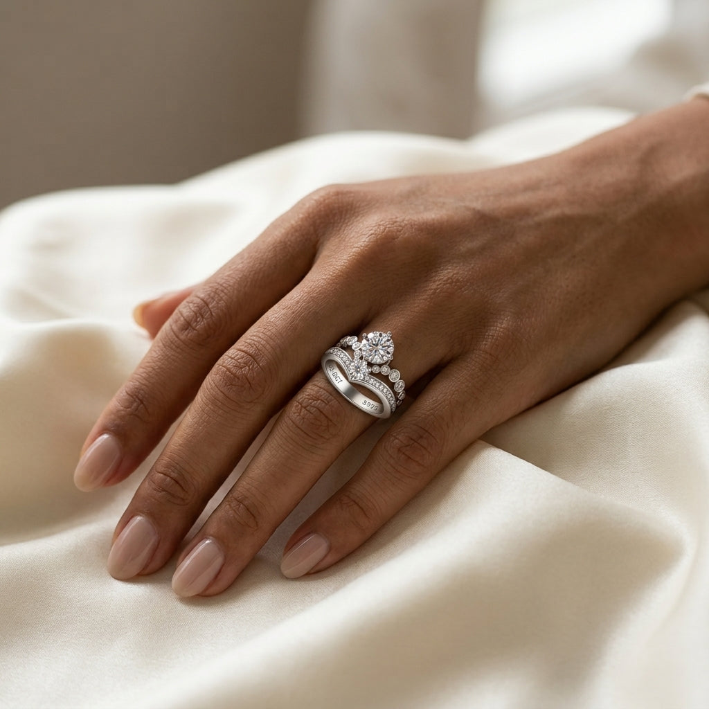 3 CT crown moissanite engagement ring worn on a hand resting on cream satin