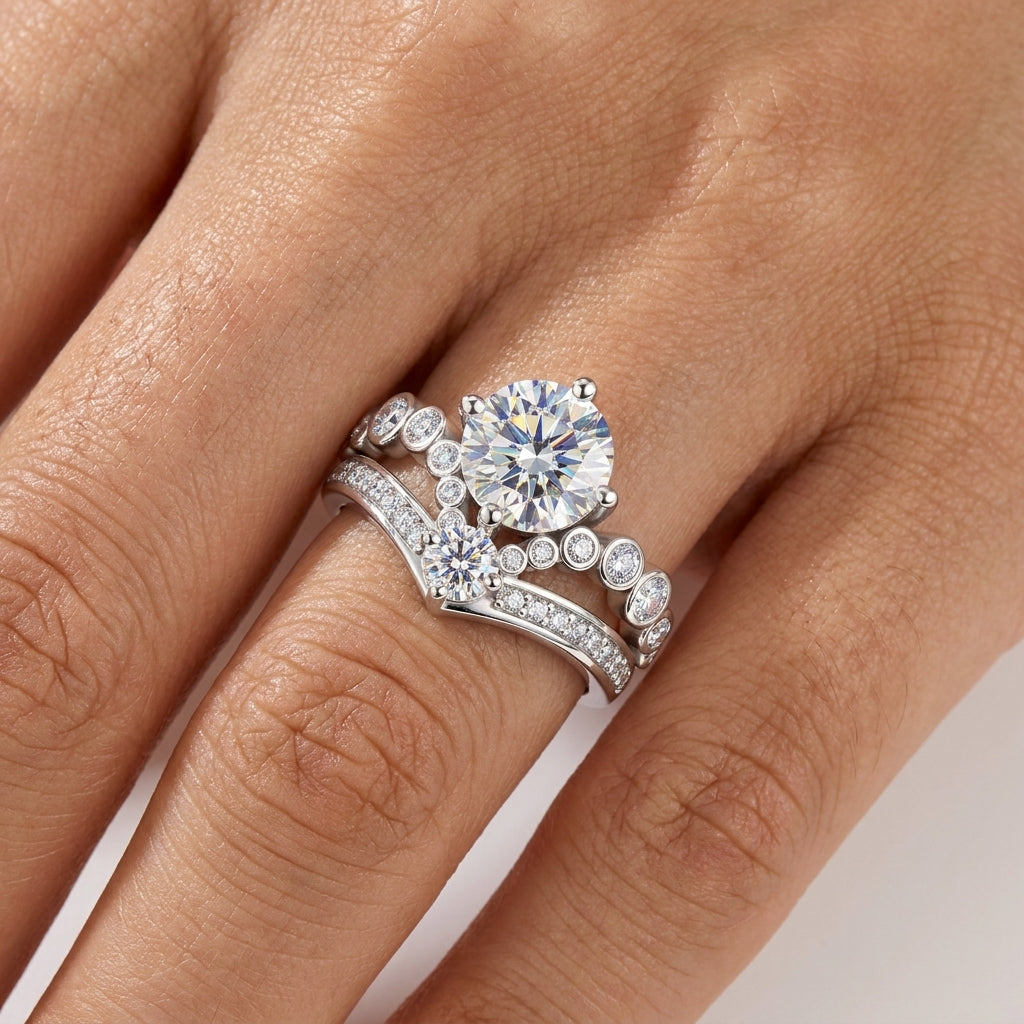 Woman wearing a round-cut crown moissanite engagement ring with a beige clutch