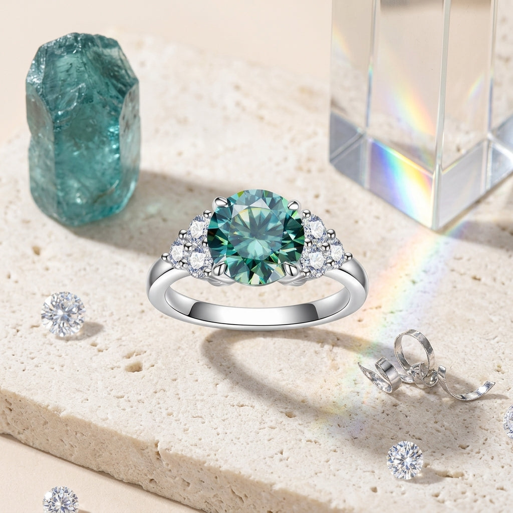 3 CT green moissanite ring displayed on stone with crystals and teal mineral