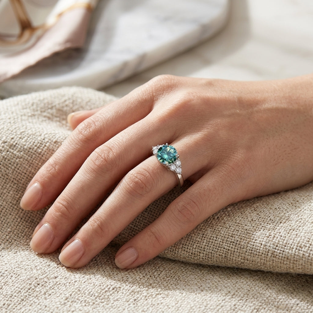 Woman wearing a round-cut green moissanite engagement ring on cream fabric