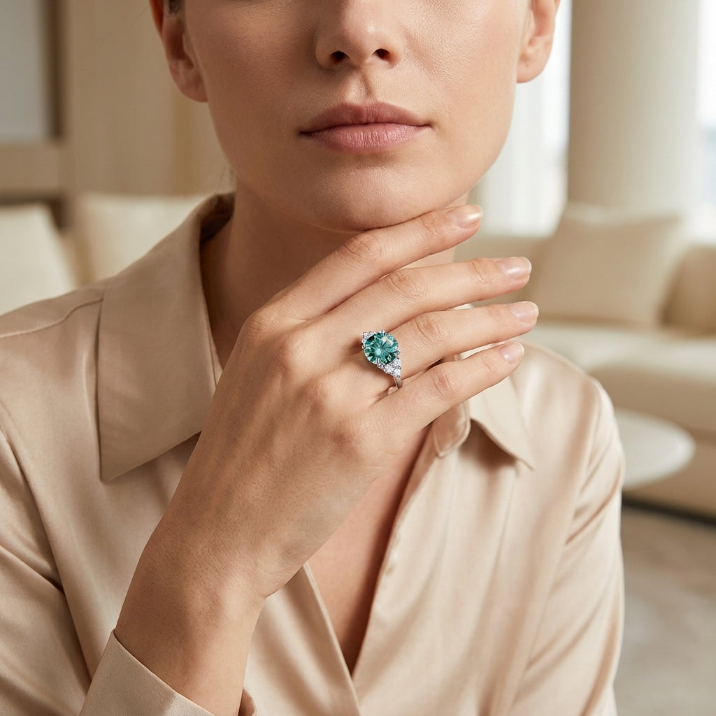 Close-up of a green moissanite engagement ring styled with a beige blouse