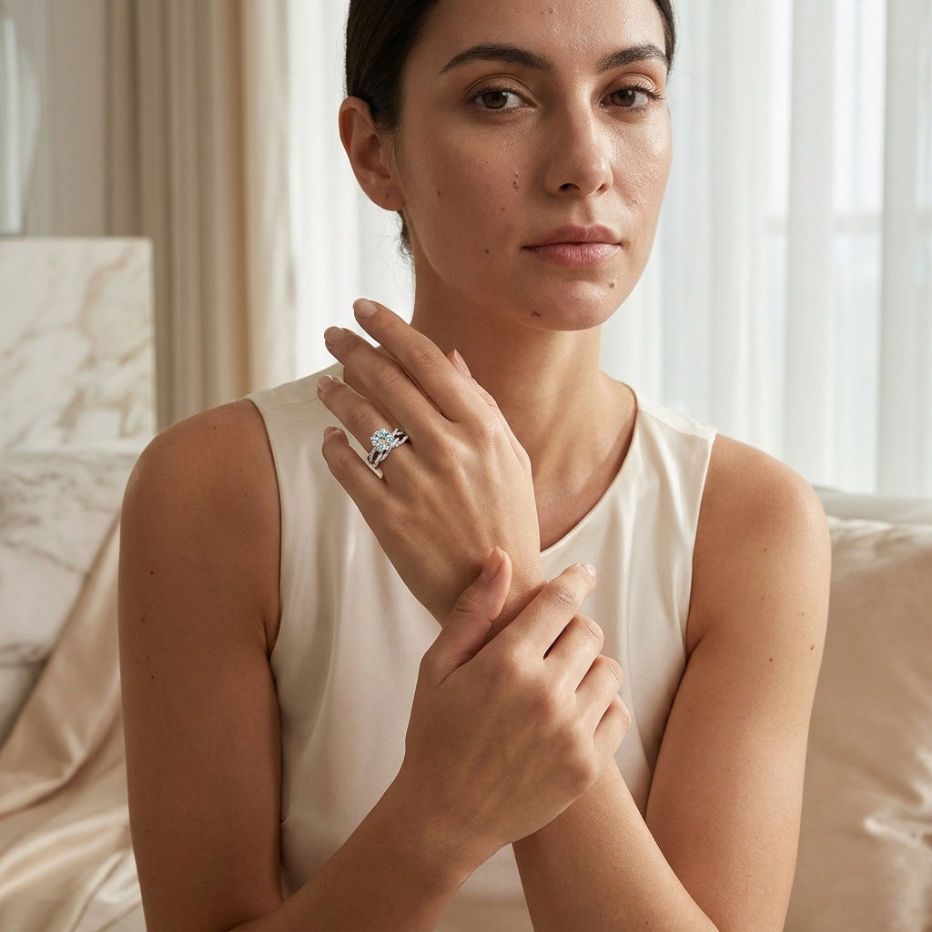 Close-up of a round-cut moissanite engagement ring worn on the hand