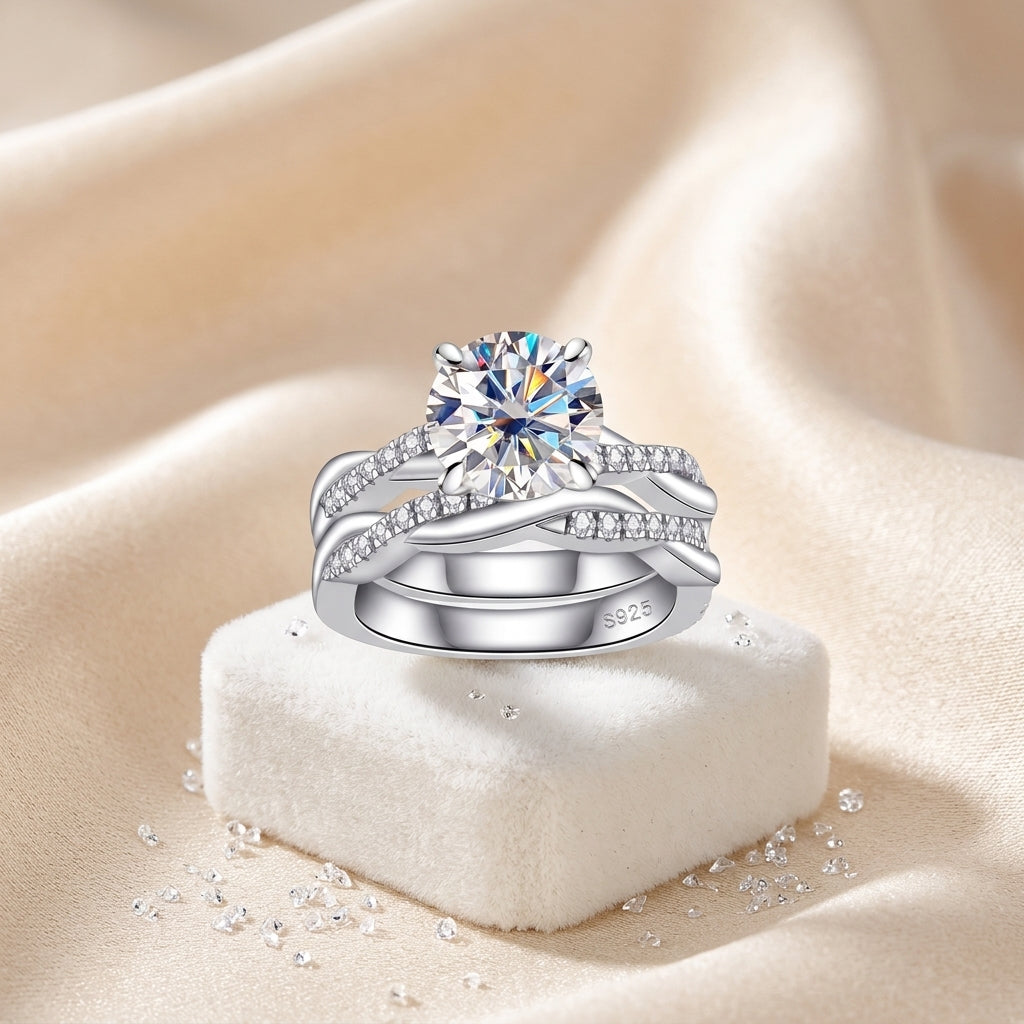 Montore round-cut moissanite engagement ring displayed on cream satin