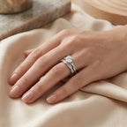 Woman wearing a 3 CT round moissanite bridal ring set
