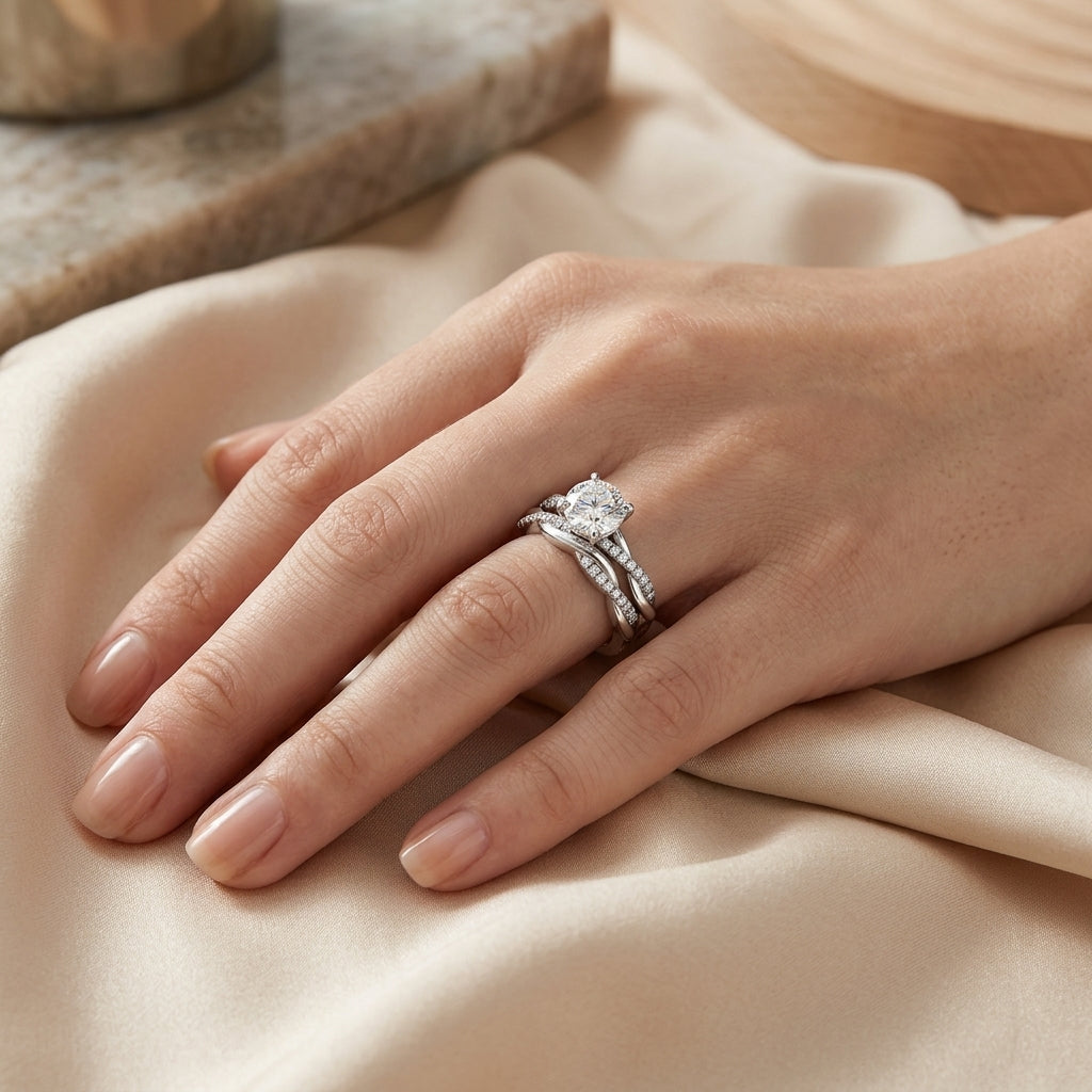 Woman wearing a 3 CT round moissanite bridal ring set