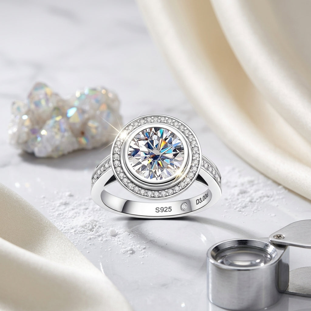 Round-cut moissanite halo engagement ring displayed with cream satin, crystals, and a jeweler’s loupe