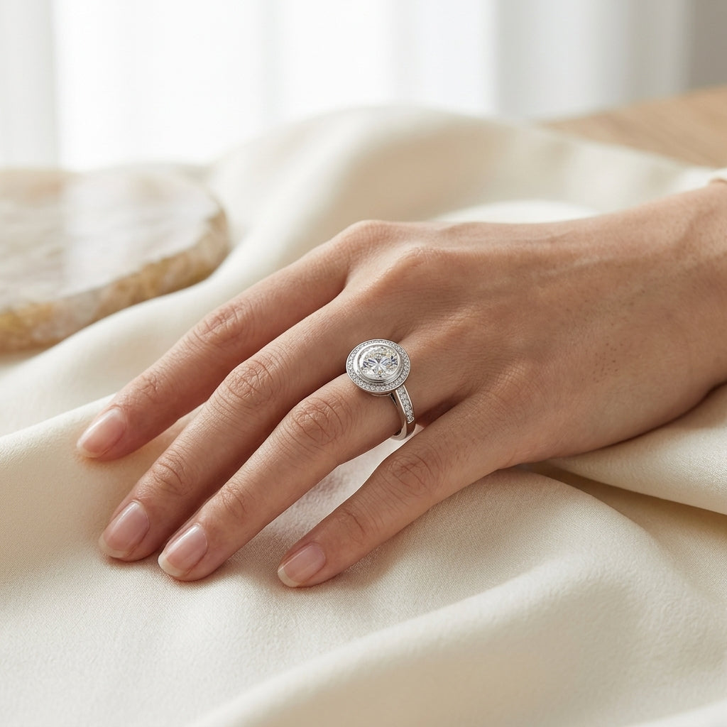 Woman wearing a 3 CT round moissanite halo engagement ring on cream satin