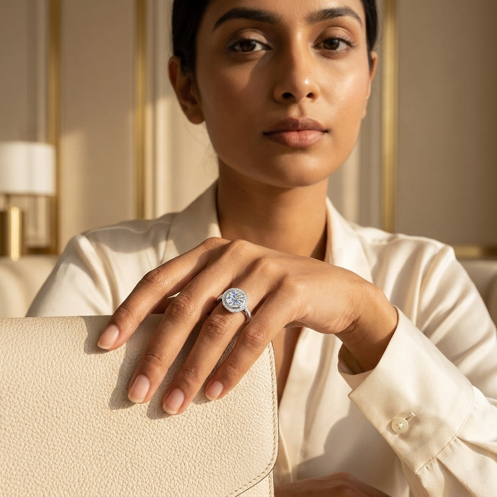Woman styling a round-cut moissanite halo engagement ring with a cream clutch