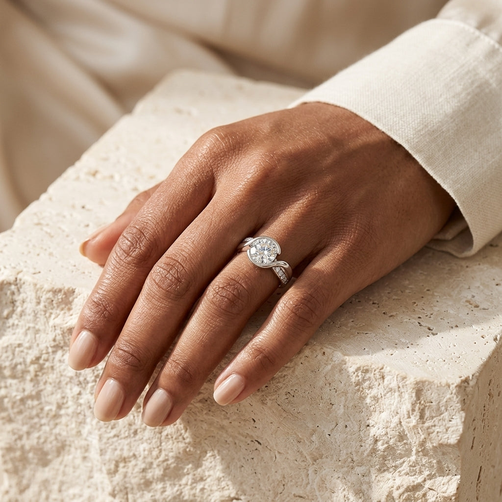 Close-up of a round-cut moissanite ring with ceramic band