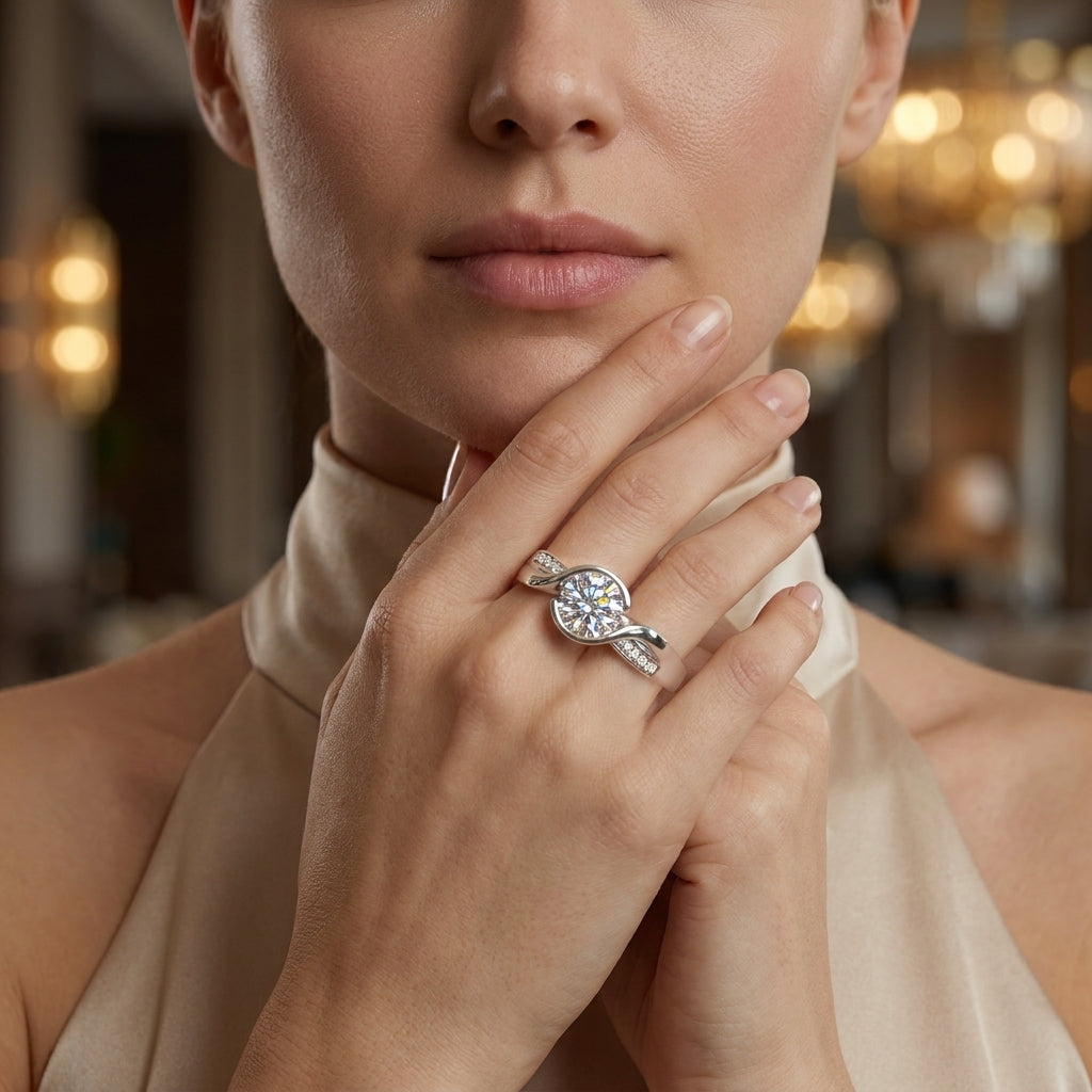 Front view of a 3 CT round moissanite ring with ceramic band