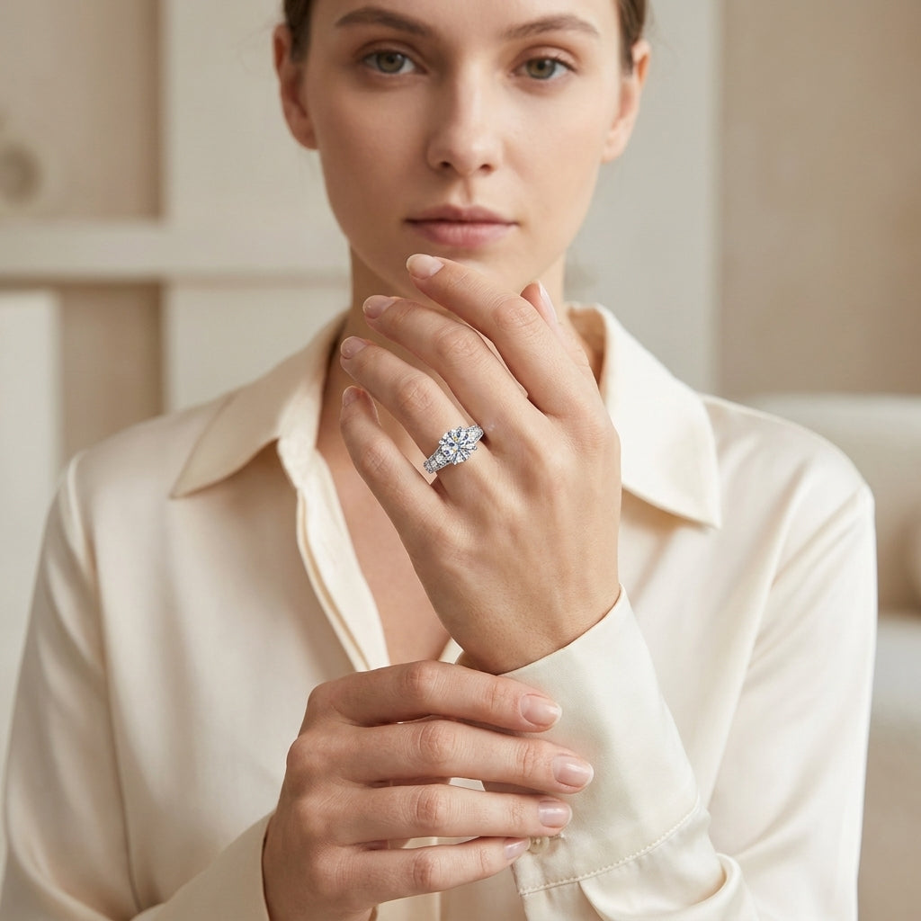Woman wearing a 3 CT round-cut vintage moissanite engagement ring