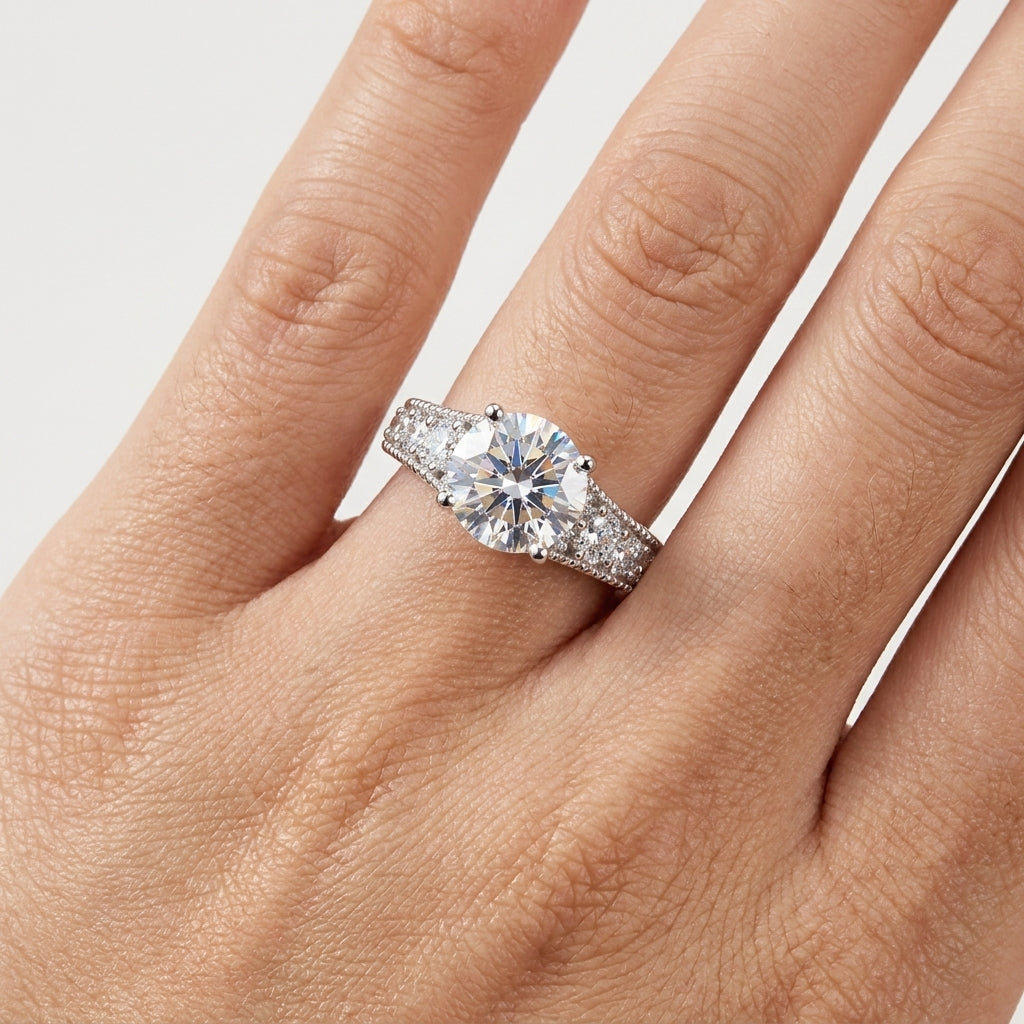 Close-up of a vintage moissanite engagement ring worn on the hand