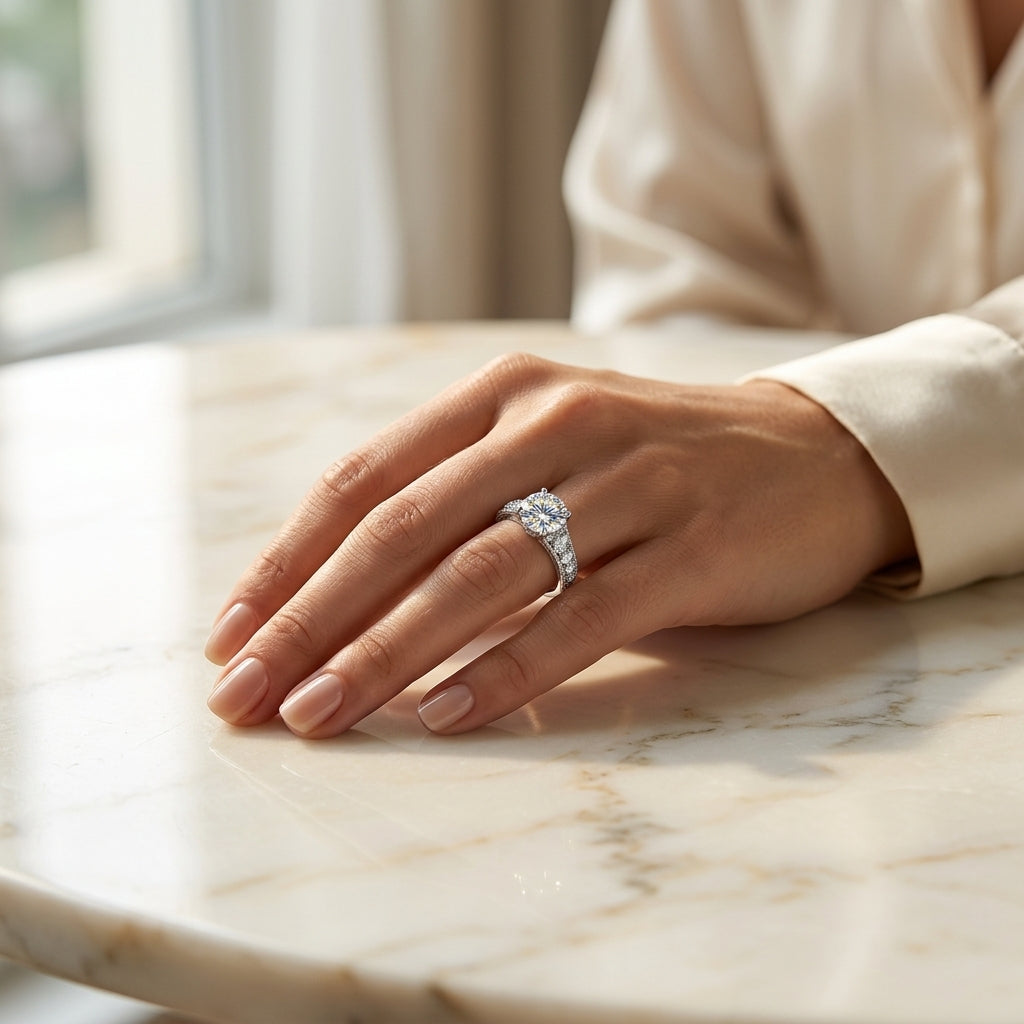 Round-cut moissanite vintage ring displayed with elegant neutral styling