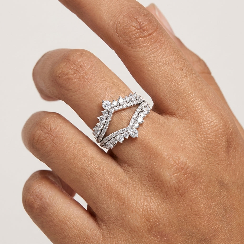 3 MM Heart Shape Moissanite Wedding Band Set featuring VVS1 D Color heart-cut moissanite stones in sterling silver for women.