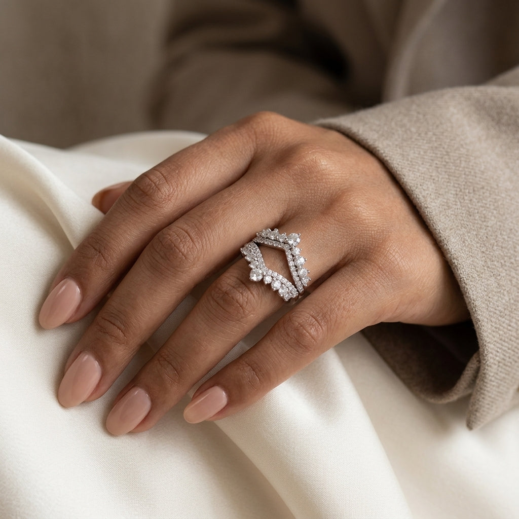 3 MM Heart Shape Moissanite Wedding Band Set featuring VVS1 D Color heart-cut moissanite stones in sterling silver for women.
