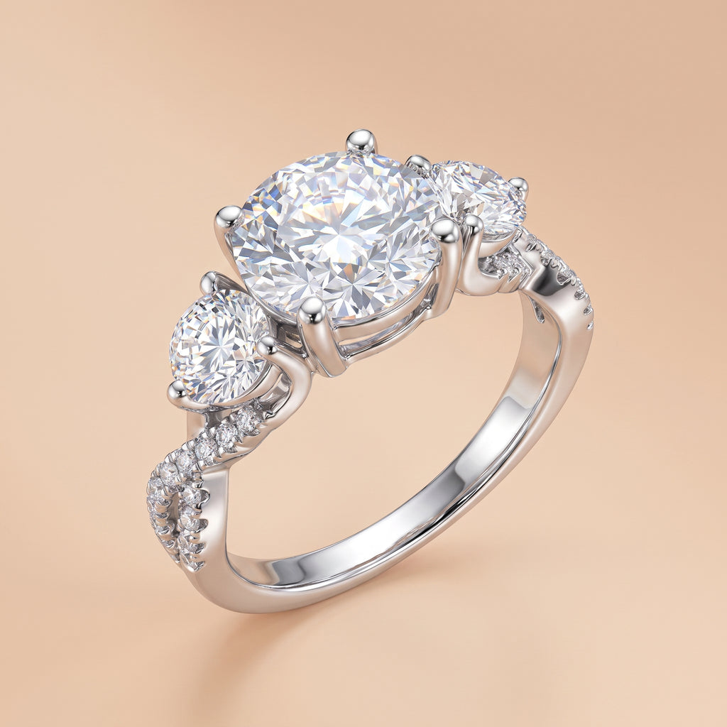 4.25 CTTW three-stone round-cut moissanite engagement ring in sterling silver on a beige background.