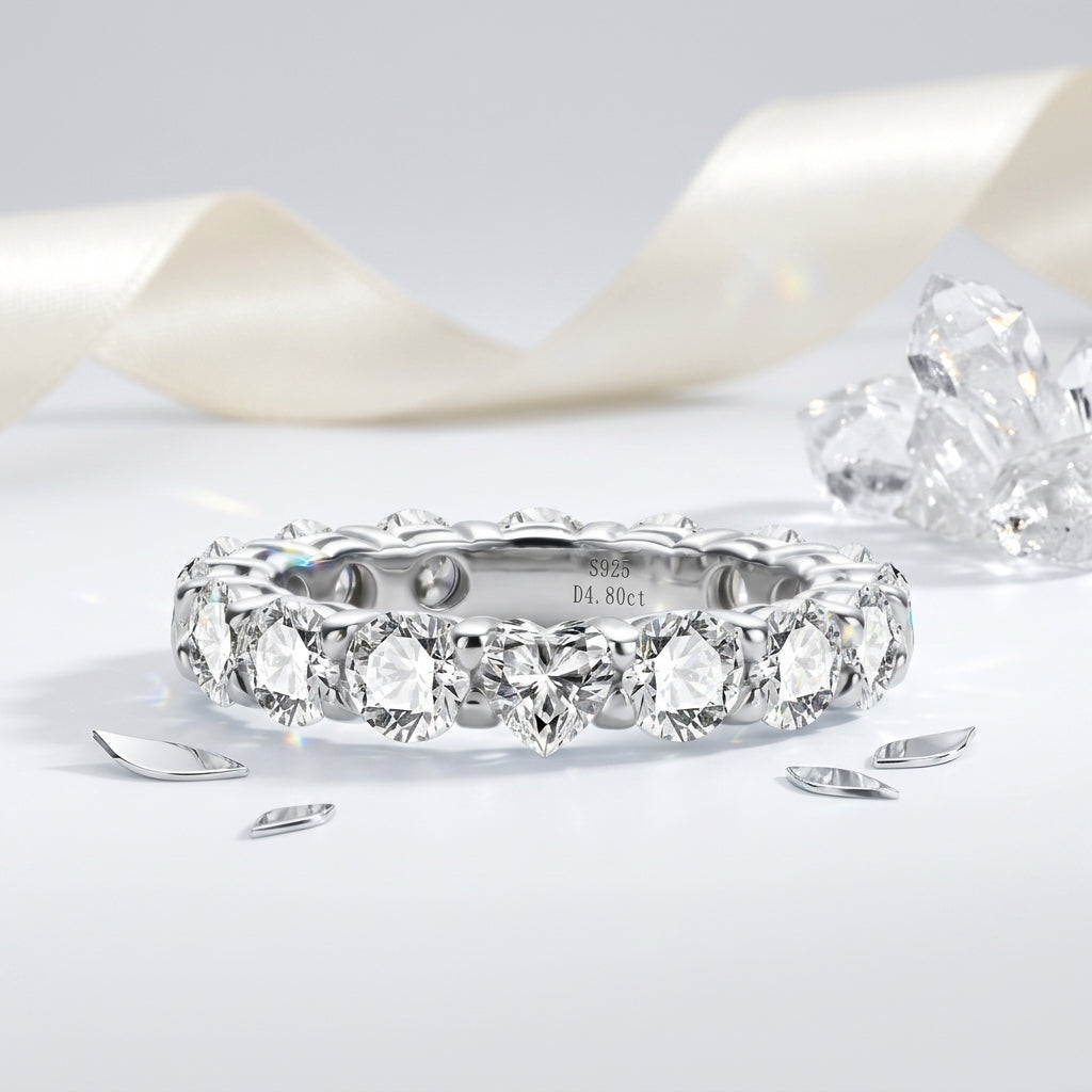 4 MM Heart & Round Cut Moissanite Wedding Band  D Color VVS1 Eternity Ring model 1