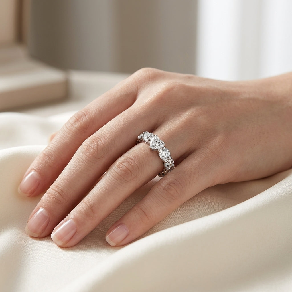 4 MM Heart & Round Cut Moissanite Wedding Band  D Color VVS1 Eternity Ring model 4