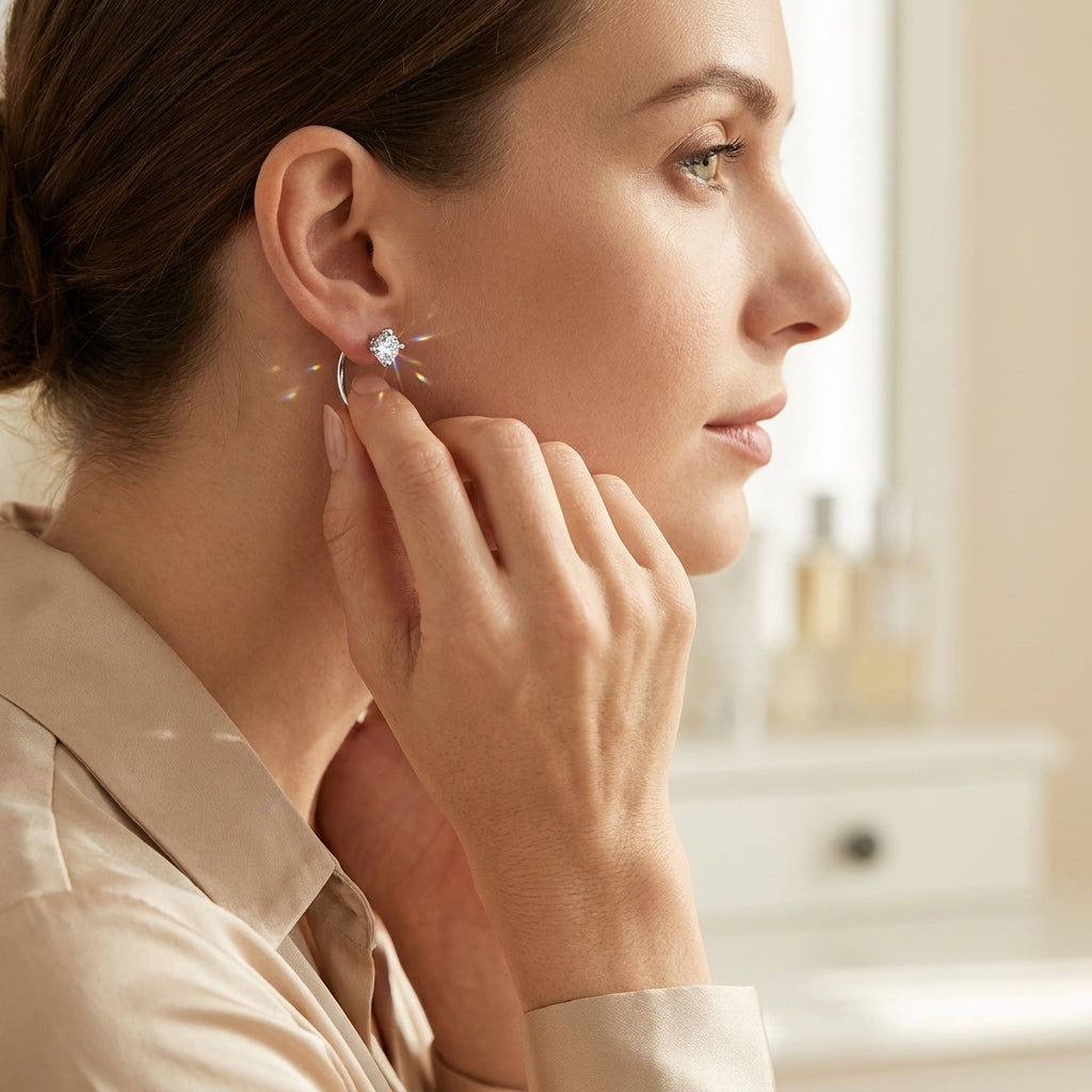 Woman wearing a sparkling 4MM moissanite hoop earring