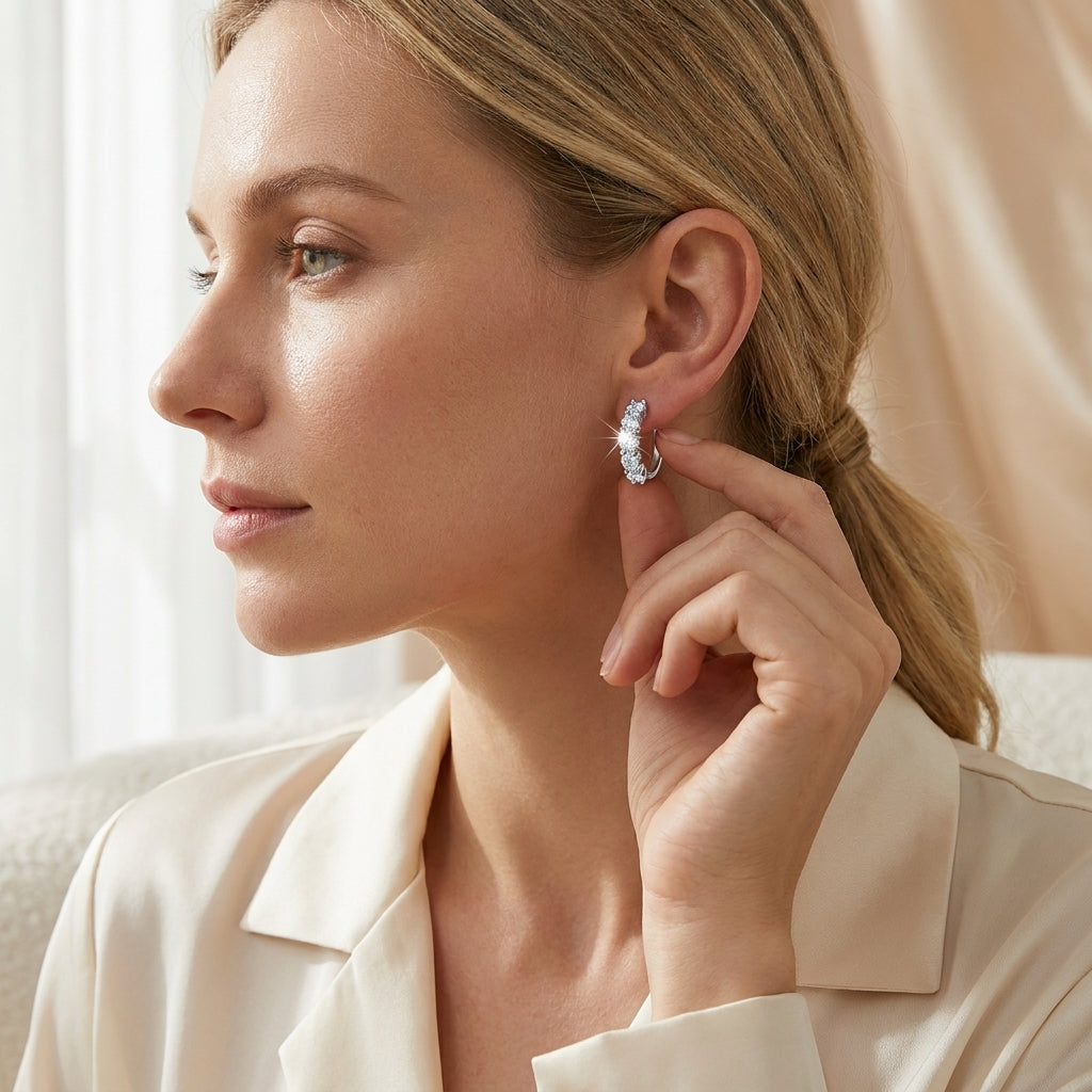 Woman adjusting a five-stone moissanite huggie hoop earring