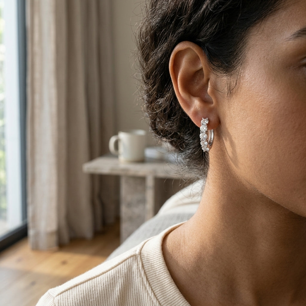Close-up of a woman wearing a sparkling moissanite hoop earring
