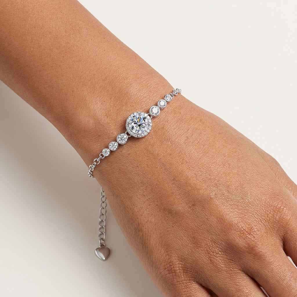 Adjustable Silver Bracelet with Round Cut Moissanite