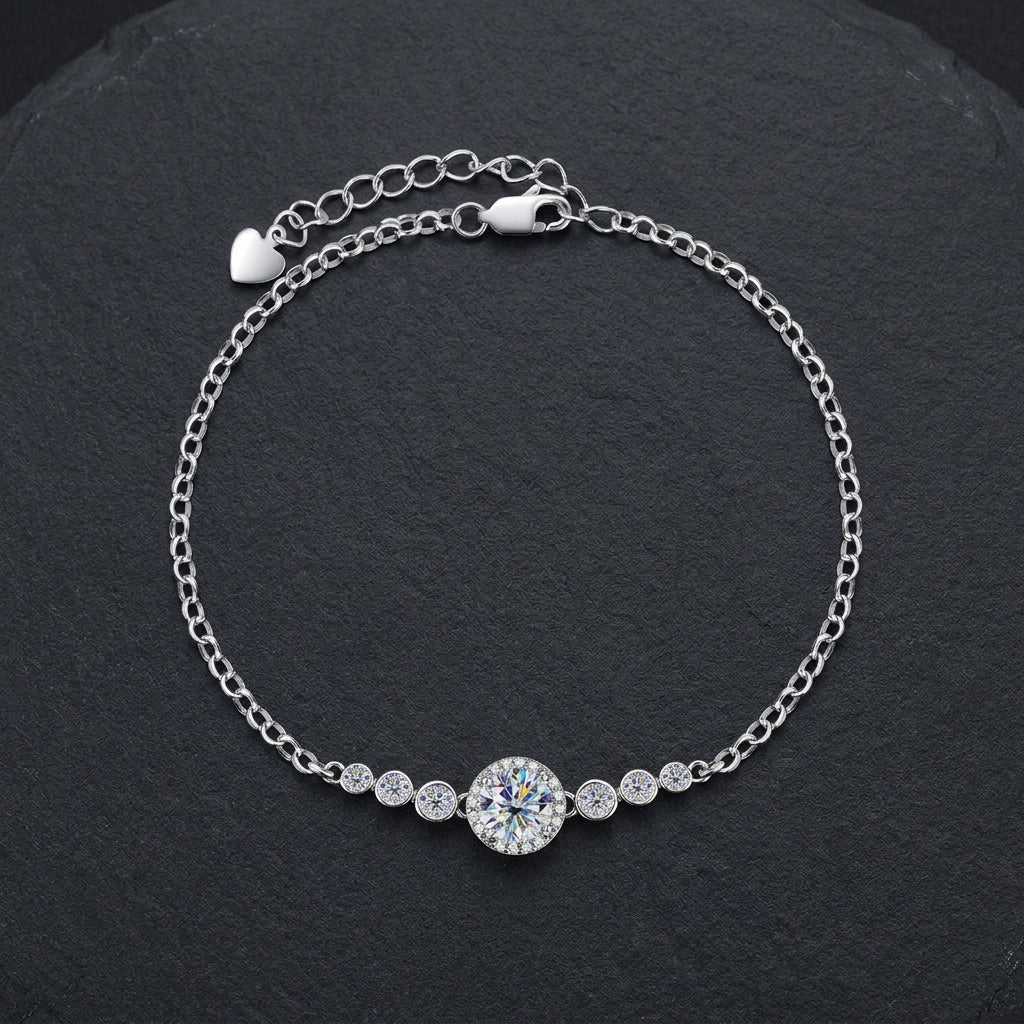 Adjustable Silver Bracelet with Round Cut Moissanite