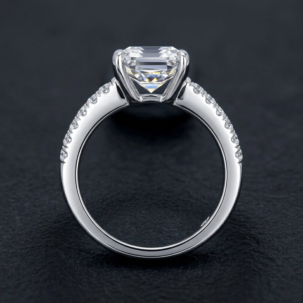 Asscher Cut Pavé Moissanite Ring 3.3CTTW Silver