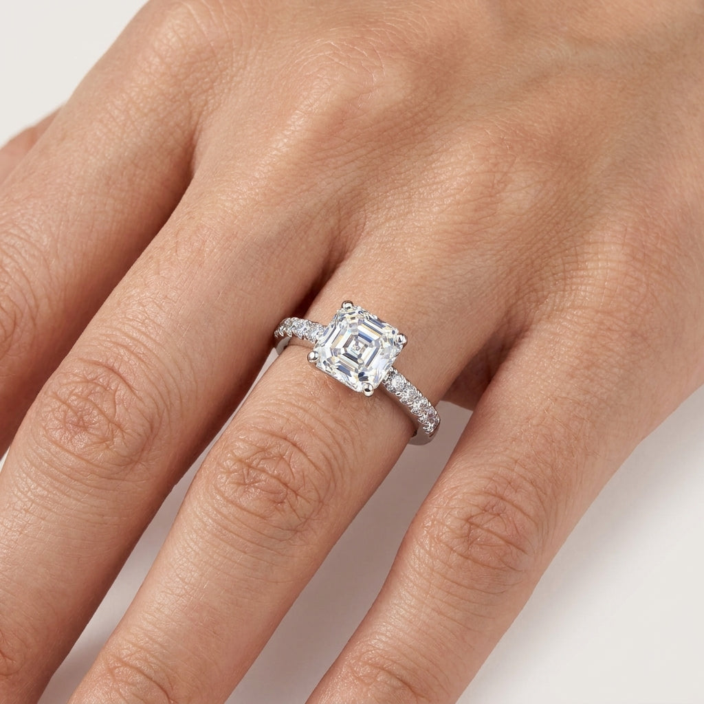 Asscher Cut Pavé Moissanite Ring 3.3CTTW Silver