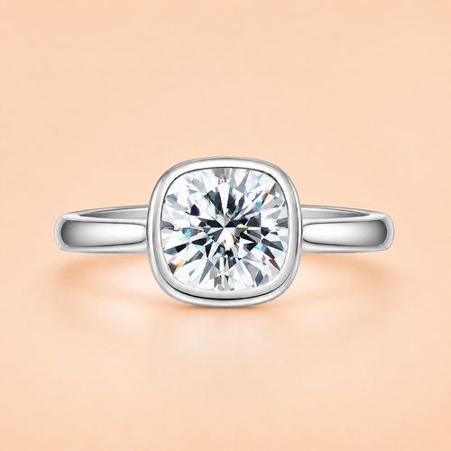 Front view of a 3 CT cushion-cut moissanite engagement ring with a bezel setting