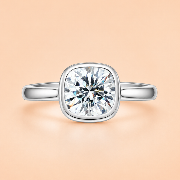 Front view of a 3 CT cushion-cut moissanite engagement ring with a bezel setting